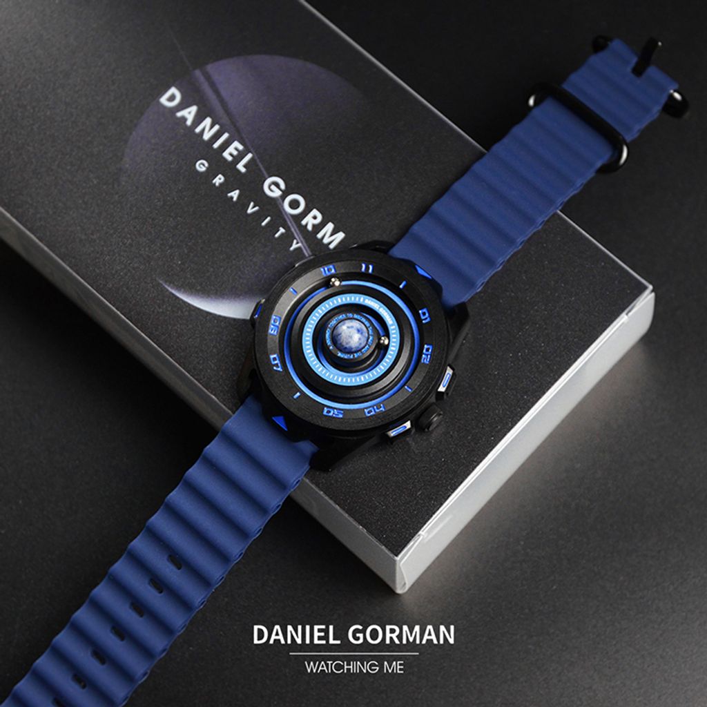 DANIEL GORMAN ｜萬有引力系列 DG0525KU ｜地球款 磁吸指針 黑色框 深藍色矽膠錶帶 平攤展示