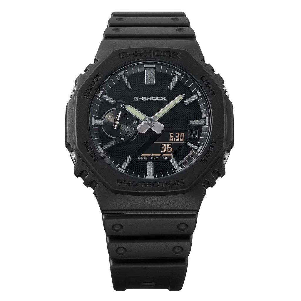 CASIO G-SHOCK | GA-2100LXB-1A | 2026 6月新品 黑錶盤 銀色指針 全霧面經典八角雙顯手錶 錶帶細節