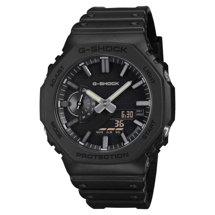 CASIO G-SHOCK | GA-2100LXB-1A | 2026 6月新品 黑錶盤 銀色指針 全霧面經典八角雙顯手錶 正面