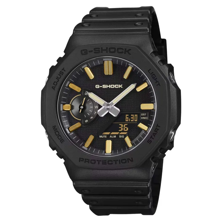 CASIO G-SHOCK | GA-2100LXB-1A9 | 2026 6月新品 黑錶盤 金色指針 奢華全霧面經典八角雙顯手錶 正面