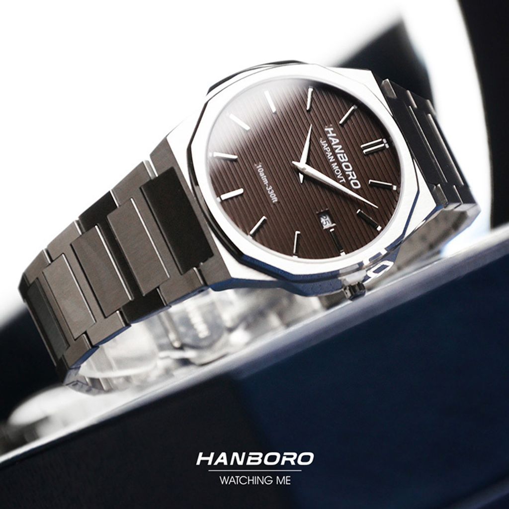 HANBORO | 超薄錶殼系列 003-2SBRSS | 銀色八角形錶框 棕色橫紋錶盤 不鏽鋼錶帶 實體錶面細節