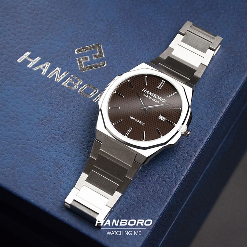 HANBORO | 超薄錶殼系列 003-2SBRSS | 銀色八角形錶框 棕色橫紋錶盤 不鏽鋼錶帶 實體正右側