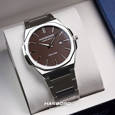 HANBORO | 超薄錶殼系列 003-2SBRSS | 銀色八角形錶框 棕色橫紋錶盤 不鏽鋼錶帶 實體正面