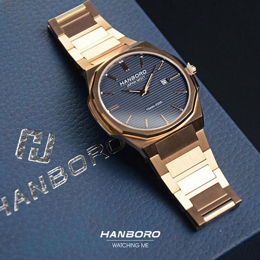 HANBORO | 超薄錶殼系列 003-2RNRS | 玫瑰金八角形錶框 藍色橫紋錶盤 不鏽鋼錶帶 平攤展示