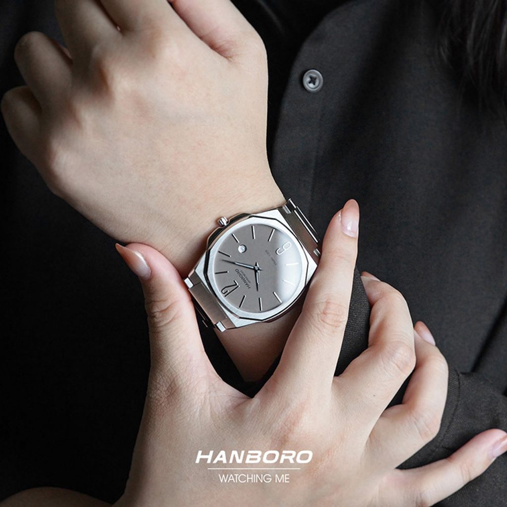 HANBORO | 超薄錶殼系列 004-2WGRAWA | 灰色八角形錶框 鐵灰錶盤 不鏽鋼錶帶 實戴參考