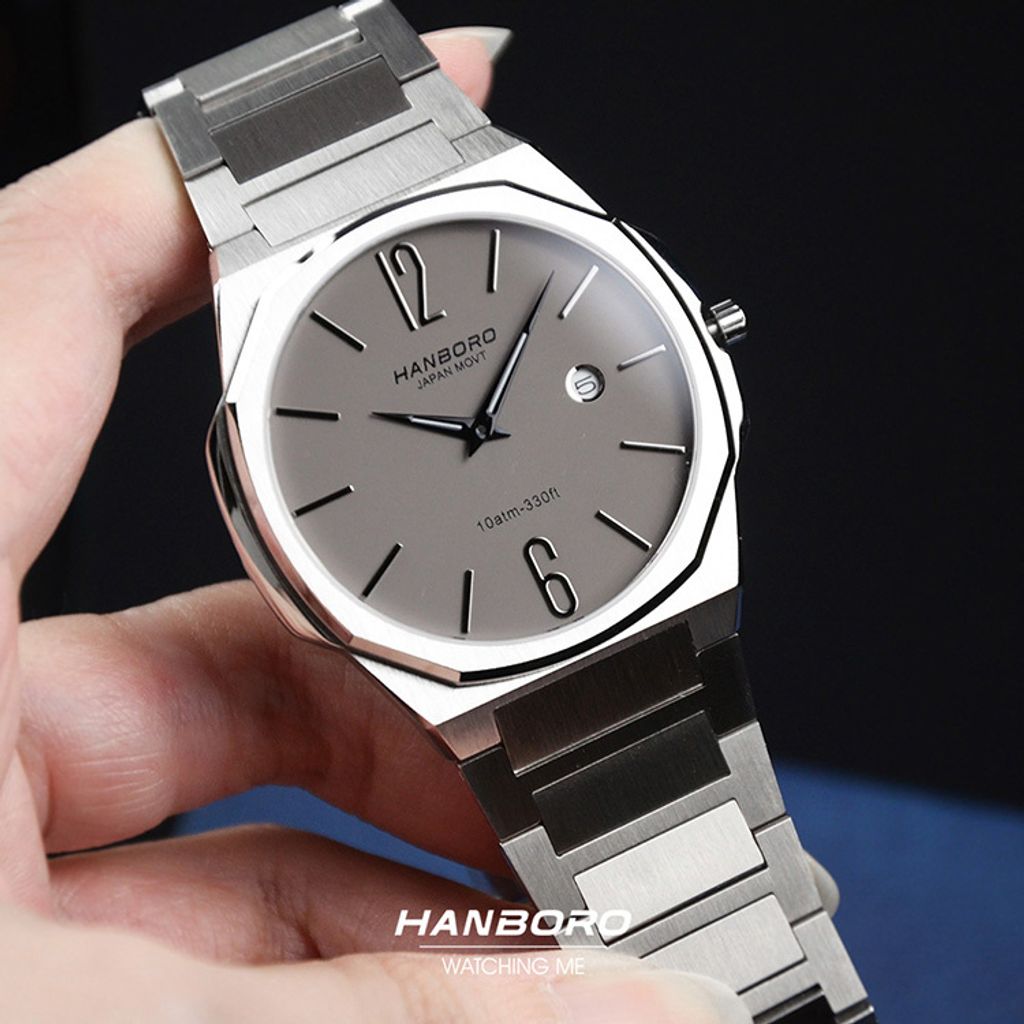 HANBORO | 超薄錶殼系列 004-2WGRAWA | 灰色八角形錶框 鐵灰錶盤 不鏽鋼錶帶 實體錶面細節