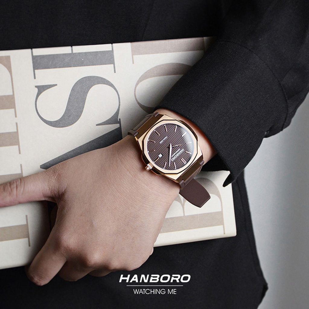 HANBORO | 超薄錶殼系列 003-1-RBRBRR | 玫瑰金色八角形錶框 棕色橫紋錶盤 矽膠錶帶 實戴展示