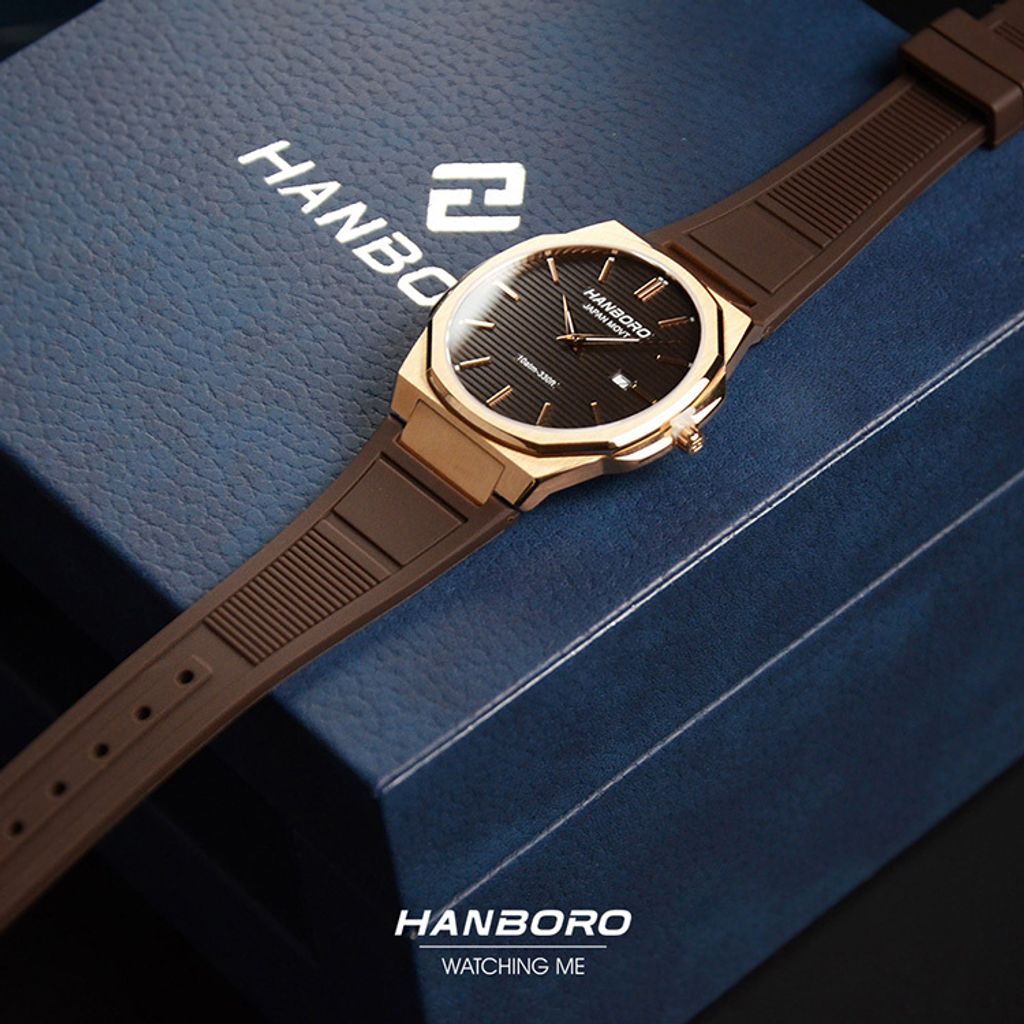 HANBORO | 超薄錶殼系列 003-1-RBRBRR | 玫瑰金色八角形錶框 棕色橫紋錶盤 矽膠錶帶 實體錶帶細節