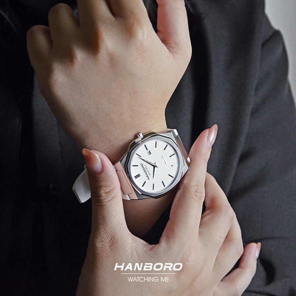 HANBORO | 超薄錶殼系列 003-1WWWR | 銀色八角形錶框 銀白色橫紋錶盤 矽膠錶帶 搭配參考