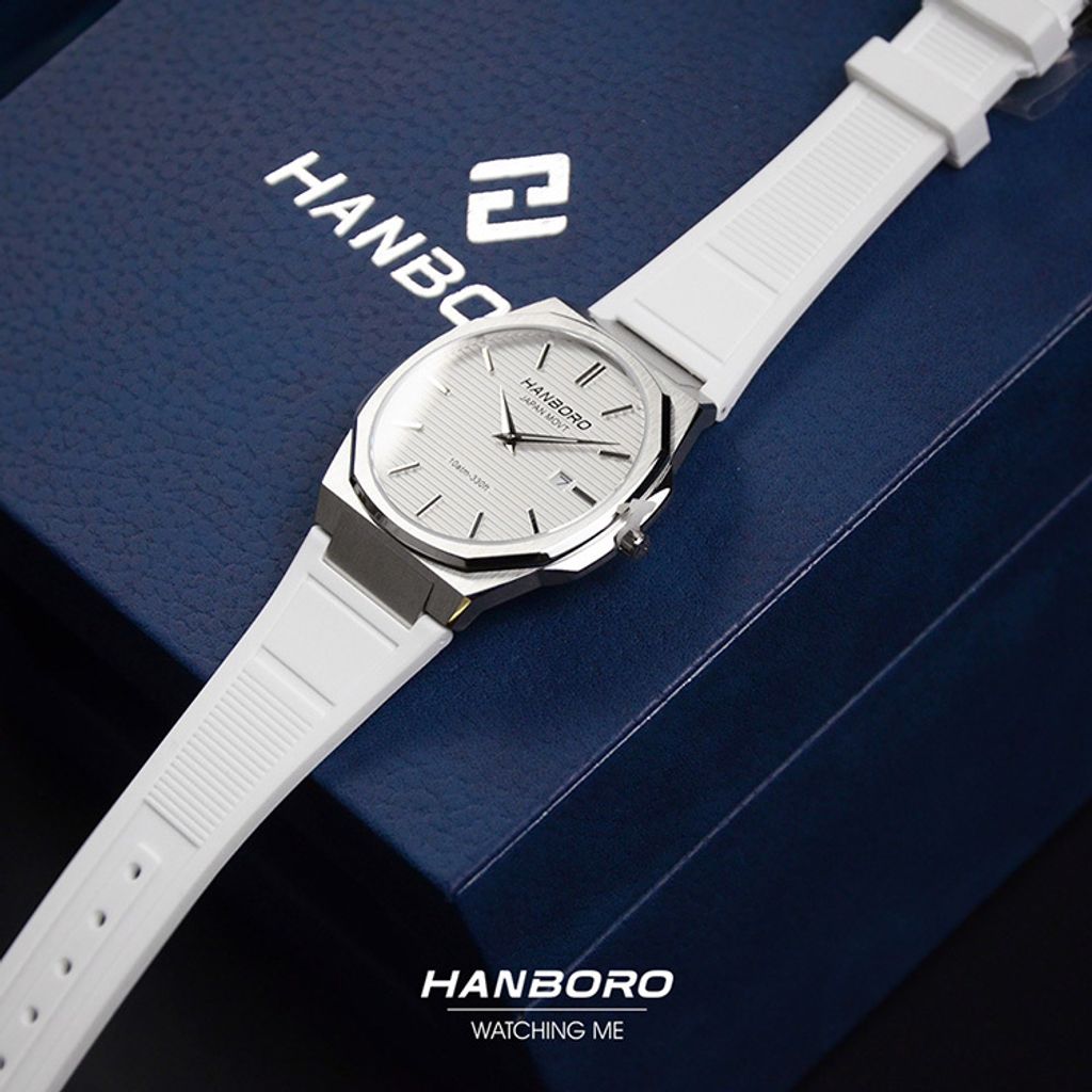 HANBORO | 超薄錶殼系列 003-1WWWR | 銀色八角形錶框 銀白色橫紋錶盤 矽膠錶帶 錶帶細節