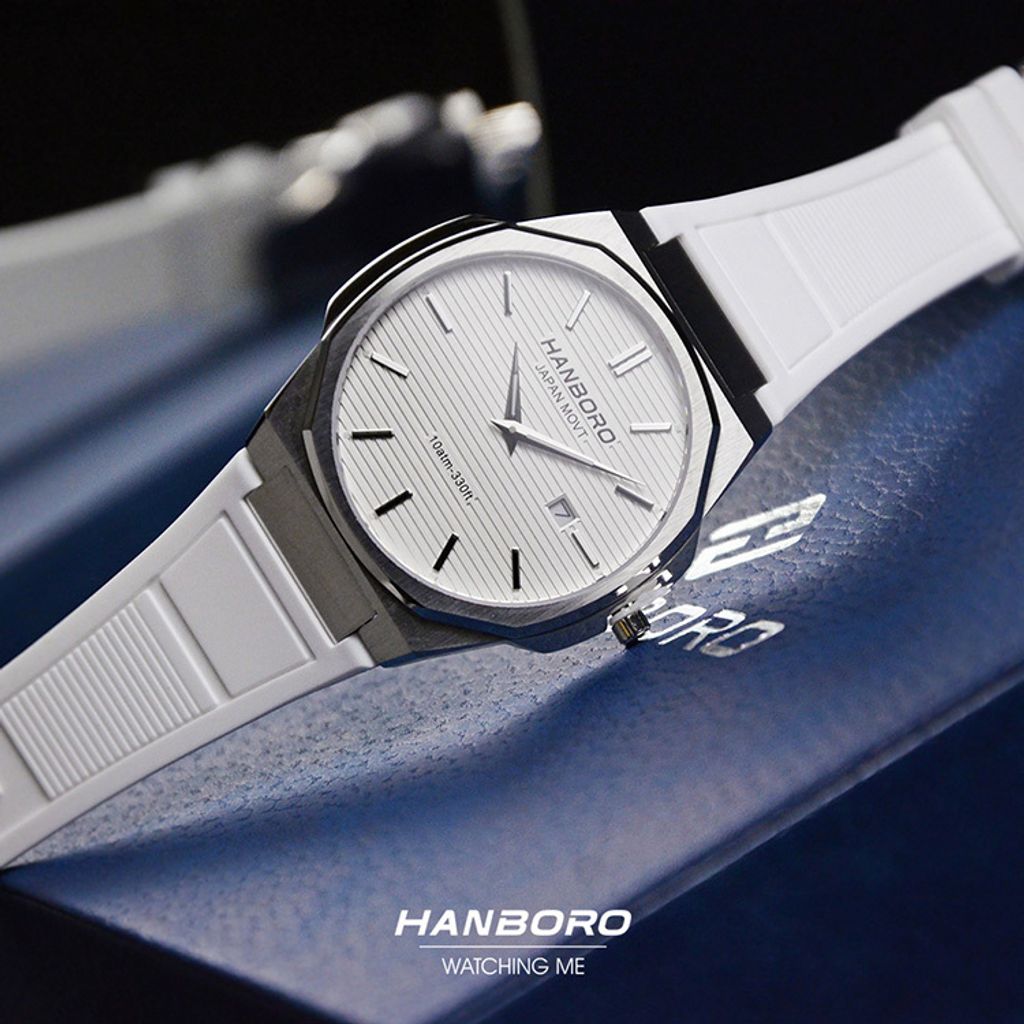 HANBORO | 超薄錶殼系列 003-1WWWR | 銀色八角形錶框 銀白色橫紋錶盤 矽膠錶帶 實體錶面細節