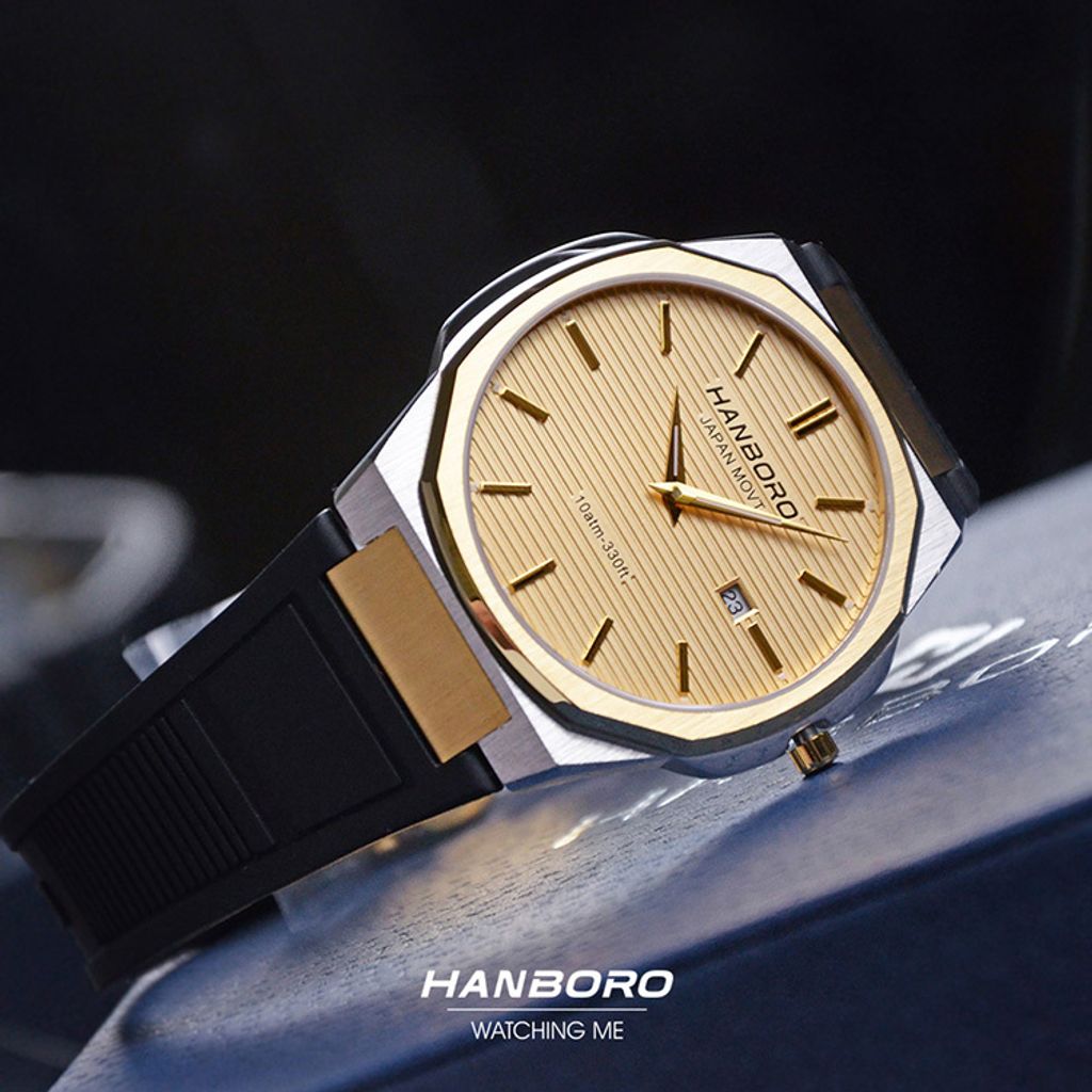 HANBORO | 超薄錶殼系列 003-1WGBR | 金銀色八角形錶框 金色橫紋錶盤 黑色矽膠錶帶 實體錶面細節