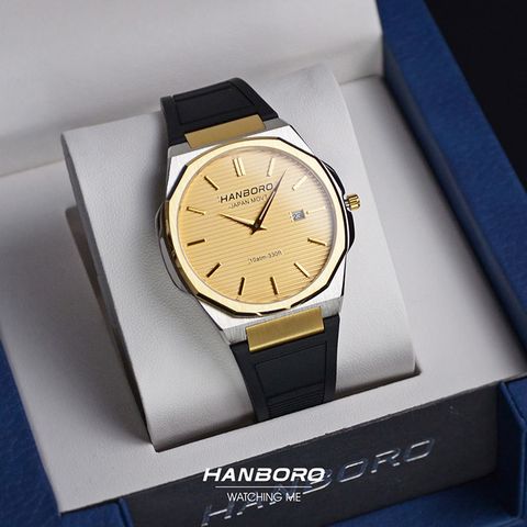 HANBORO | 超薄錶殼系列 003-1WGBR | 金銀色八角形錶框 金色橫紋錶盤 黑色矽膠錶帶 實體正面