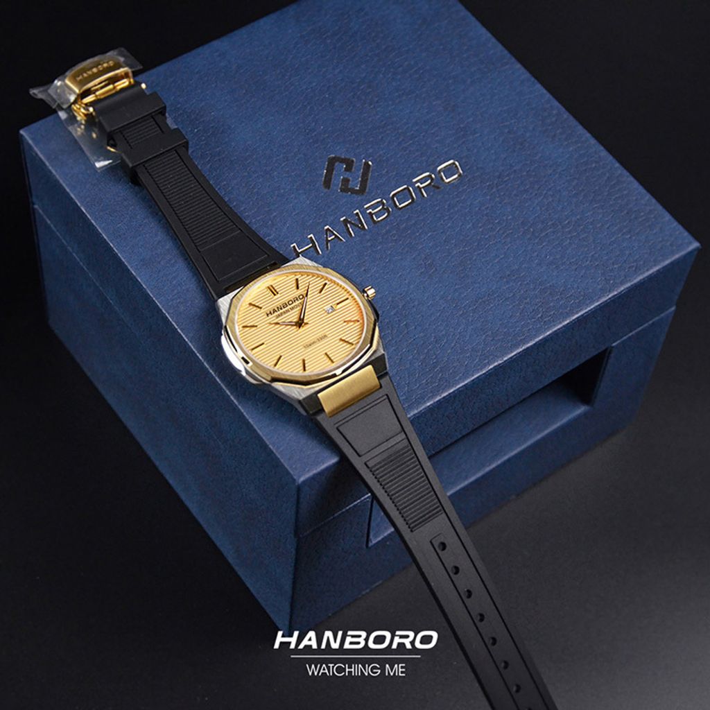HANBORO | 超薄錶殼系列 003-1WGBR | 金銀色八角形錶框 金色橫紋錶盤 黑色矽膠錶帶 實體錶帶細節