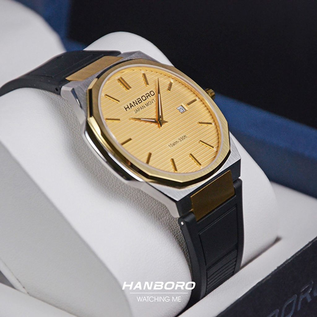 HANBORO | 超薄錶殼系列 003-1WGBR | 金銀色八角形錶框 金色橫紋錶盤 黑色矽膠錶帶 實體正左側