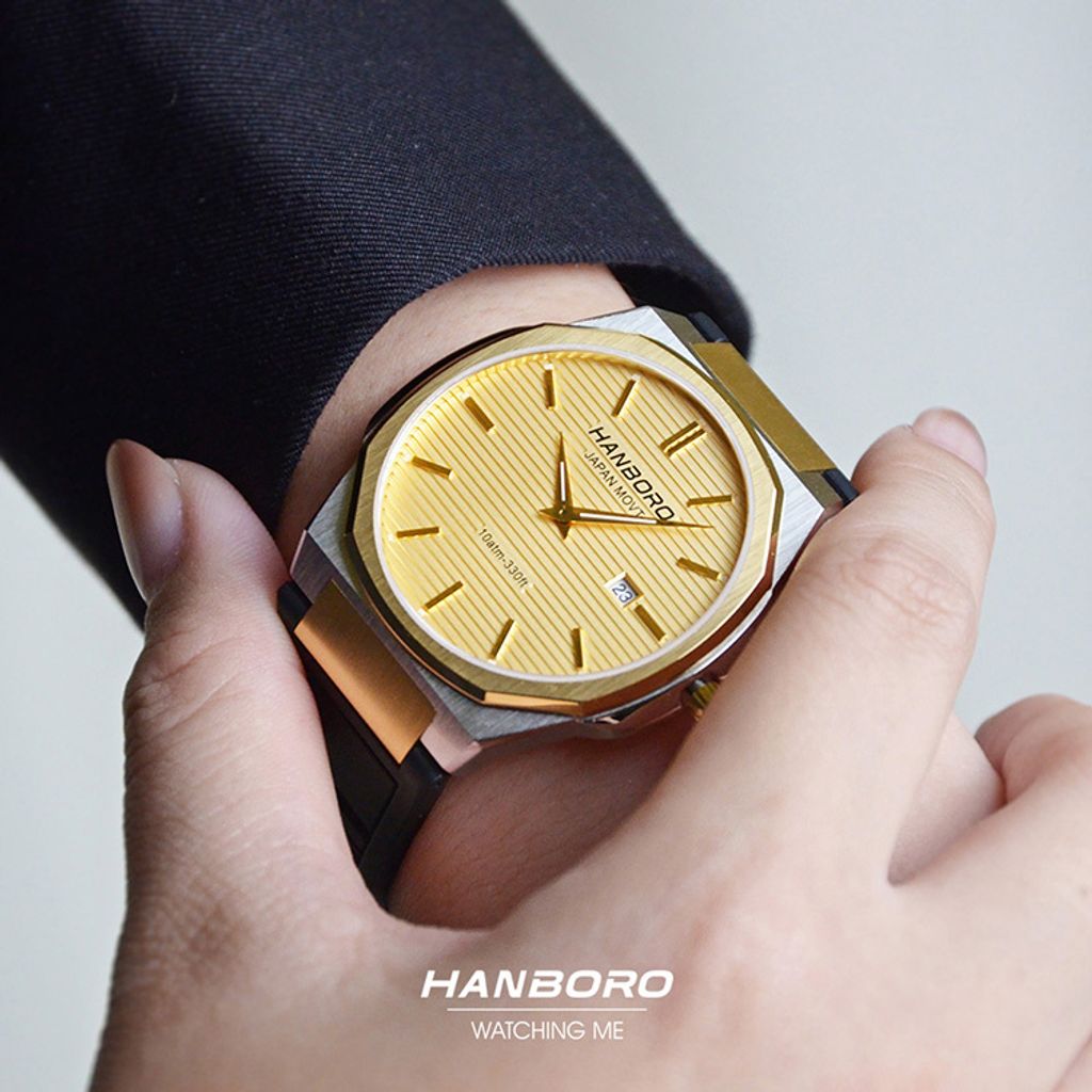 HANBORO | 超薄錶殼系列 003-1WGBR | 金銀色八角形錶框 金色橫紋錶盤 黑色矽膠錶帶 實戴錶面細節