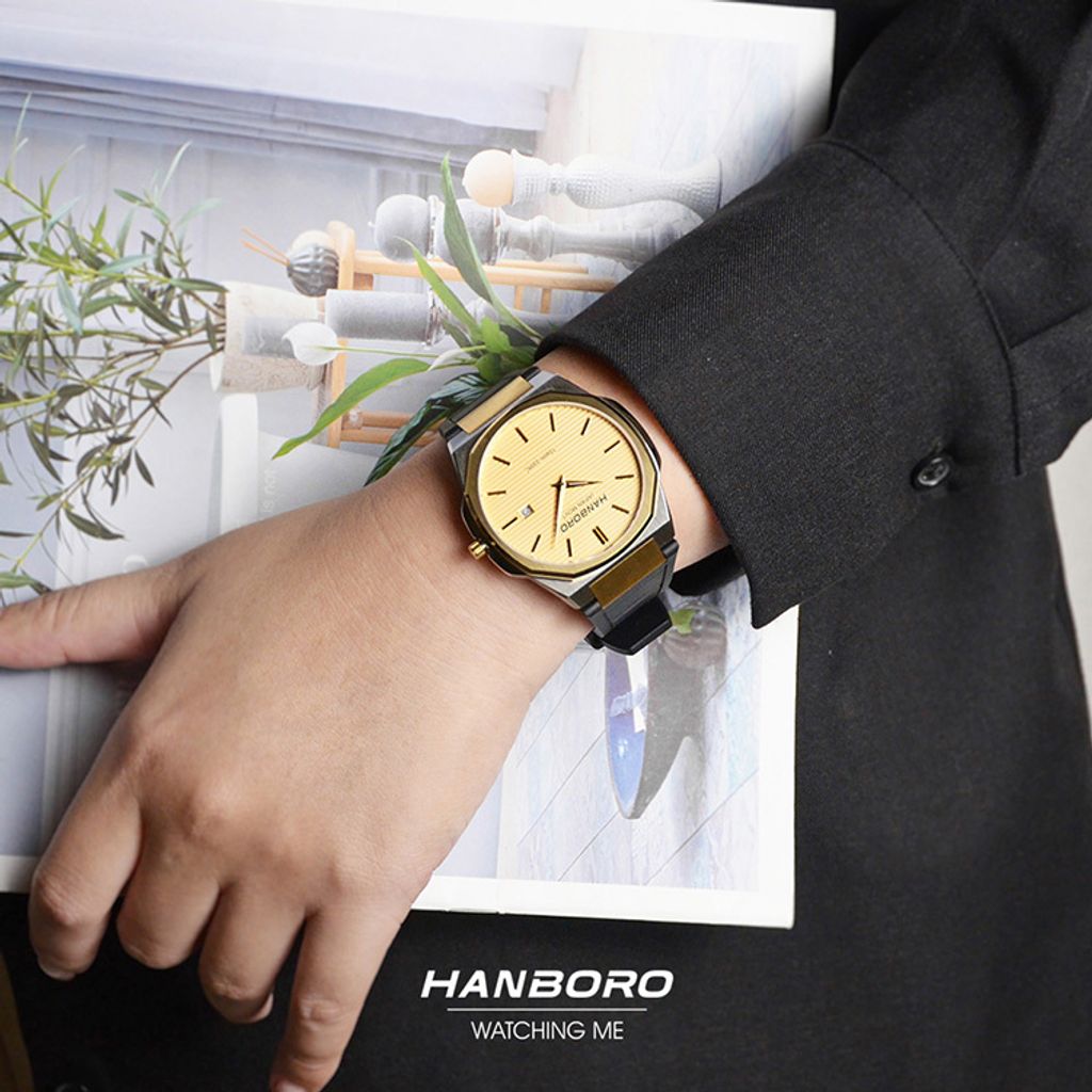 HANBORO | 超薄錶殼系列 003-1WGBR | 金銀色八角形錶框 金色橫紋錶盤 黑色矽膠錶帶 實戴展示