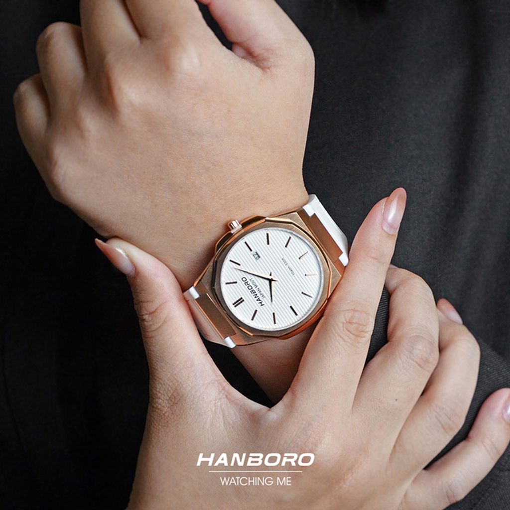 HANBORO | 超薄錶殼系列 003-1RWWR | 玫瑰金色八角形錶框 白色橫紋錶盤 矽膠錶帶 實戴錶面細節