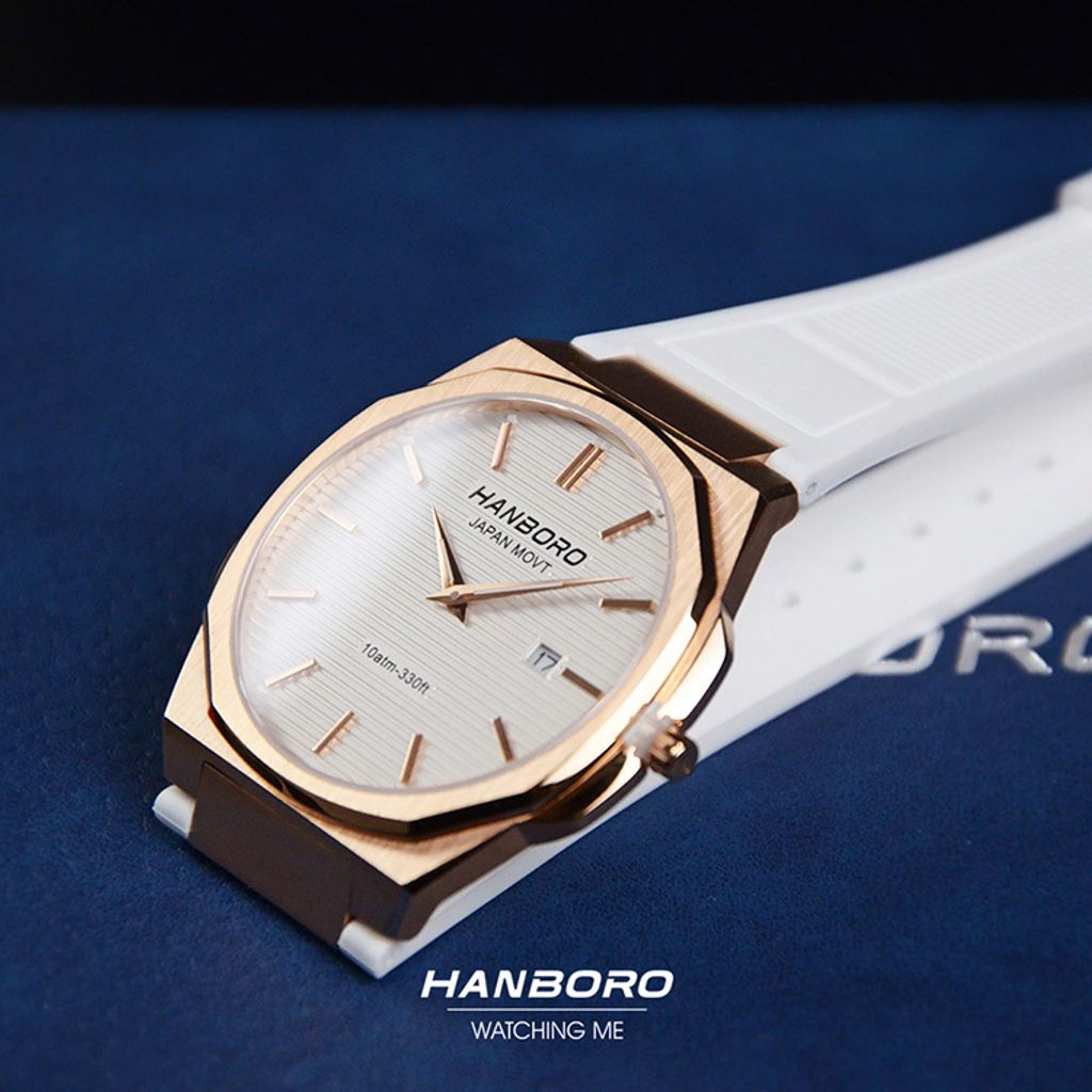 HANBORO | 超薄錶殼系列 003-1RWWR | 玫瑰金色八角形錶框 白色橫紋錶盤 矽膠錶帶 實體右側