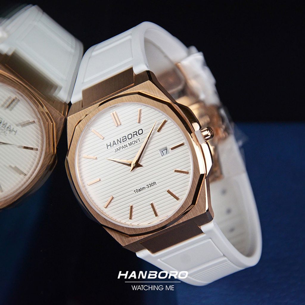 HANBORO | 超薄錶殼系列 003-1RWWR | 玫瑰金色八角形錶框 白色橫紋錶盤 矽膠錶帶 實體錶面細節