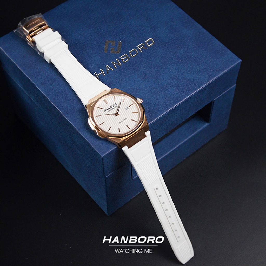 HANBORO | 超薄錶殼系列 003-1RWWR | 玫瑰金色八角形錶框 白色橫紋錶盤 矽膠錶帶 平攤展示