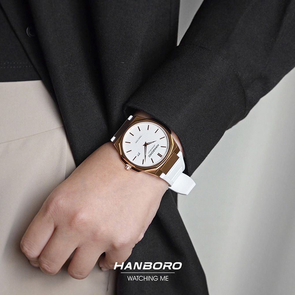HANBORO | 超薄錶殼系列 003-1RWWR | 玫瑰金色八角形錶框 白色橫紋錶盤 矽膠錶帶 實戴展示