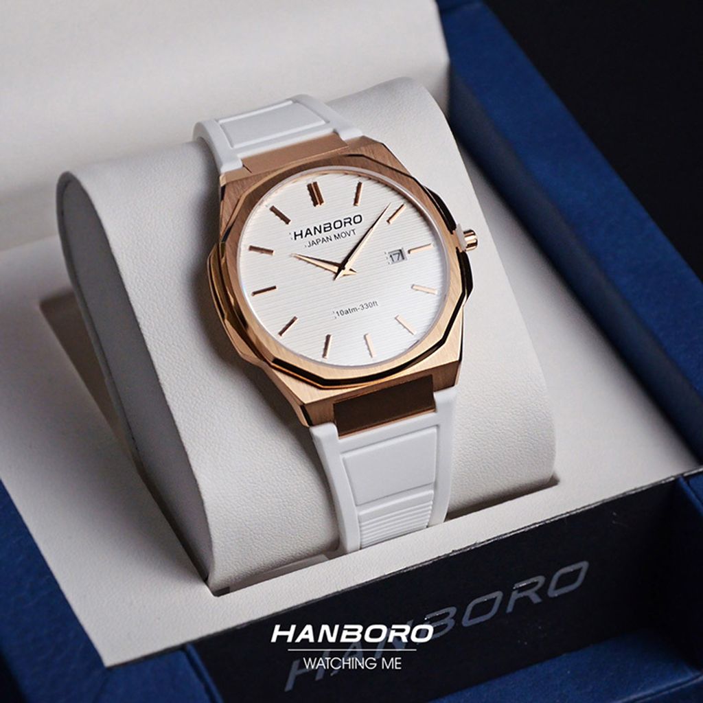 HANBORO | 超薄錶殼系列 003-1RWWR | 玫瑰金色八角形錶框 白色橫紋錶盤 矽膠錶帶 實體正面