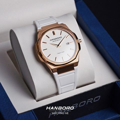 HANBORO | 超薄錶殼系列 003-1RWWR | 玫瑰金色八角形錶框 白色橫紋錶盤 矽膠錶帶 實體正面