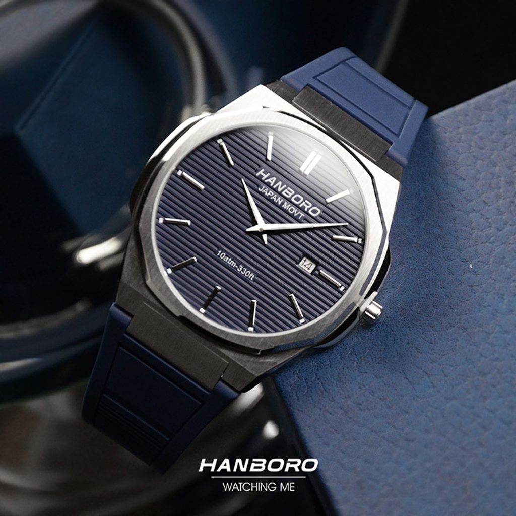 HANBORO | 超薄錶殼系列 003-1SNNR | 銀色八角形錶框 藍色橫紋錶盤 矽膠錶帶 實體錶面細節