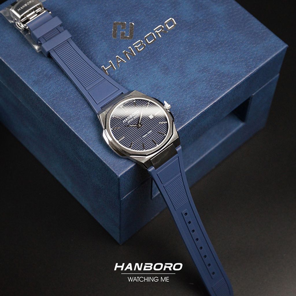 HANBORO | 超薄錶殼系列 003-1SNNR | 銀色八角形錶框 藍色橫紋錶盤 矽膠錶帶 平攤展示