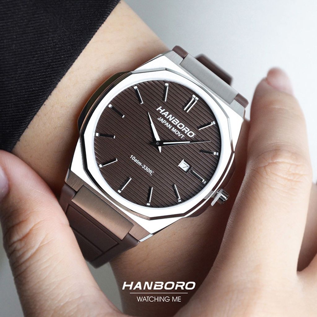HANBORO | 超薄錶殼系列 003-1WBRBRR | 銀色八角形錶框 棕色橫紋錶盤 矽膠錶帶 時代錶面細節