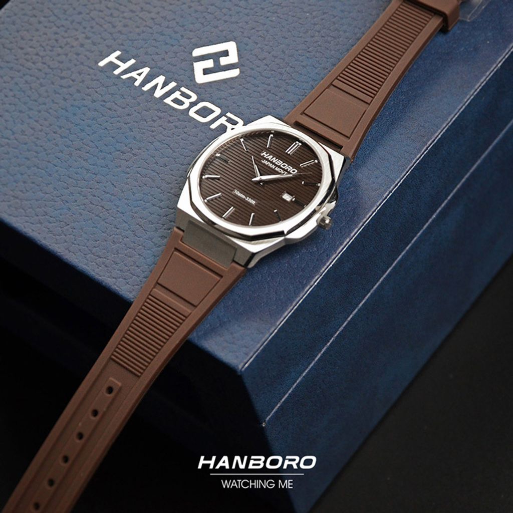 HANBORO | 超薄錶殼系列 003-1WBRBRR | 銀色八角形錶框 棕色橫紋錶盤 矽膠錶帶 平攤展示