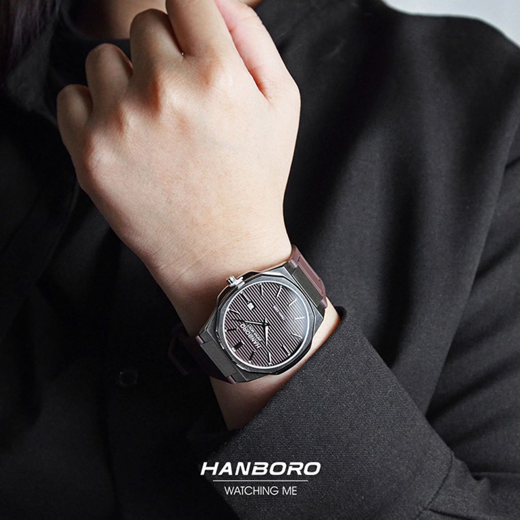 HANBORO | 超薄錶殼系列 003-1WBRBRR | 銀色八角形錶框 棕色橫紋錶盤 矽膠錶帶 實戴展示