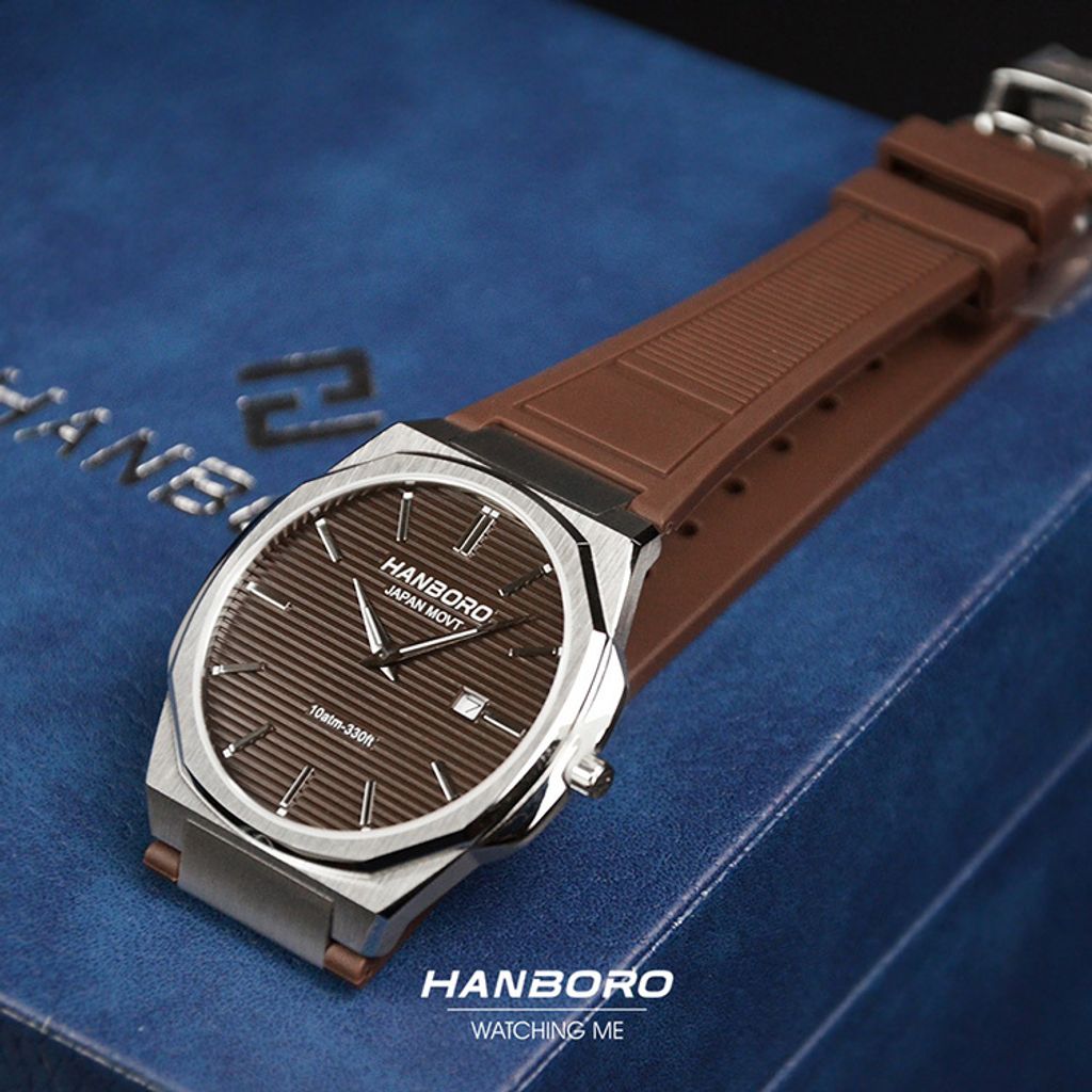 HANBORO | 超薄錶殼系列 003-1WBRBRR | 銀色八角形錶框 棕色橫紋錶盤 矽膠錶帶 實體錶帶細節