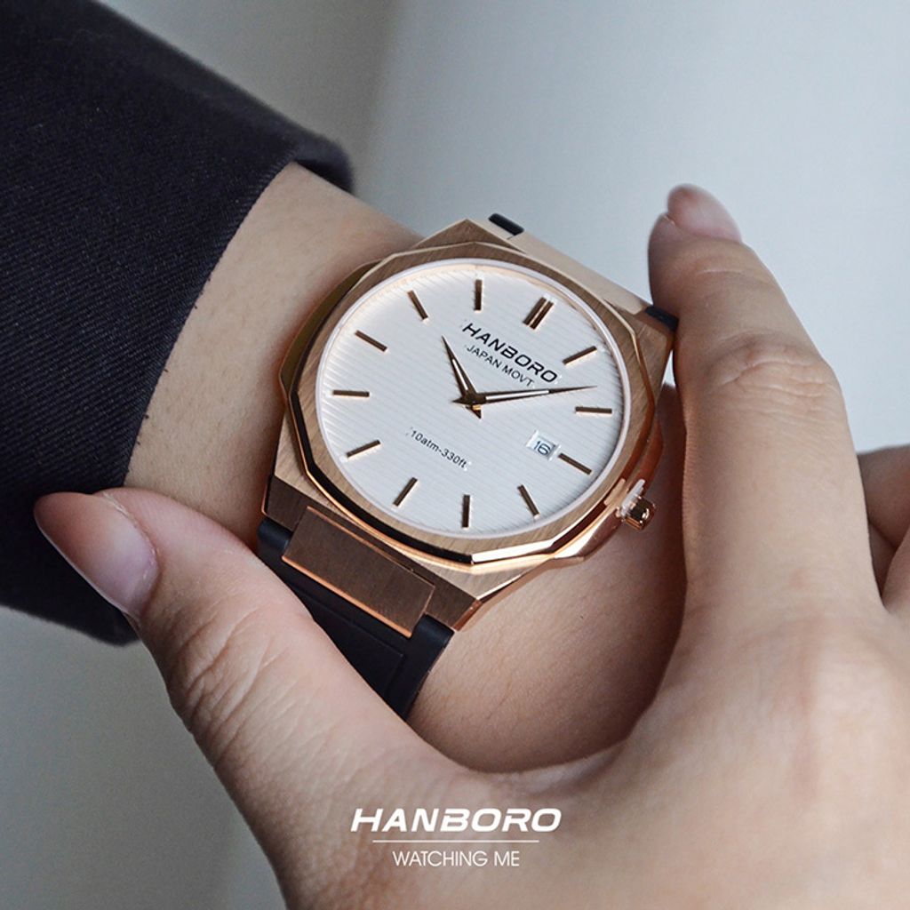 HANBORO | 超薄錶殼系列 003-1RWBR | 玫瑰金色八角形錶框 銀色橫紋錶盤 黑色矽膠錶帶 實戴錶面細節