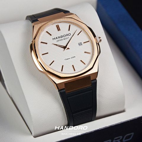 HANBORO | 超薄錶殼系列 003-1RWBR | 玫瑰金色八角形錶框 銀色橫紋錶盤 黑色矽膠錶帶 實體正左面