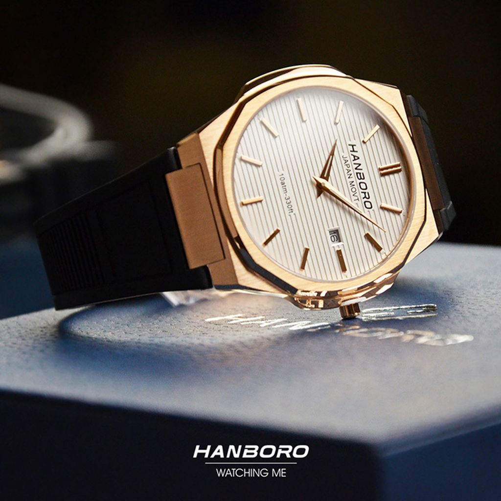 HANBORO | 超薄錶殼系列 003-1RWBR | 玫瑰金色八角形錶框 銀色橫紋錶盤 黑色矽膠錶帶 實體錶面細節