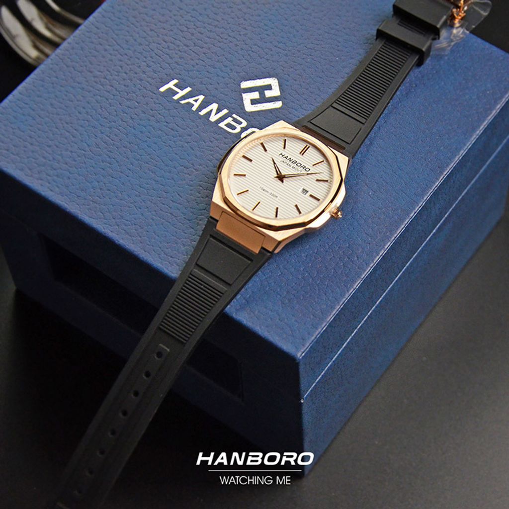 HANBORO | 超薄錶殼系列 003-1RWBR | 玫瑰金色八角形錶框 銀色橫紋錶盤 黑色矽膠錶帶 平攤展示