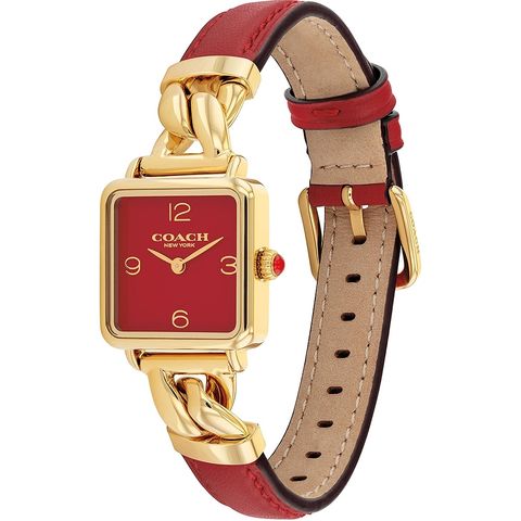 COACH | CO14504358 | 紅金色 奢華方形女錶 皮革錶帶 正側面