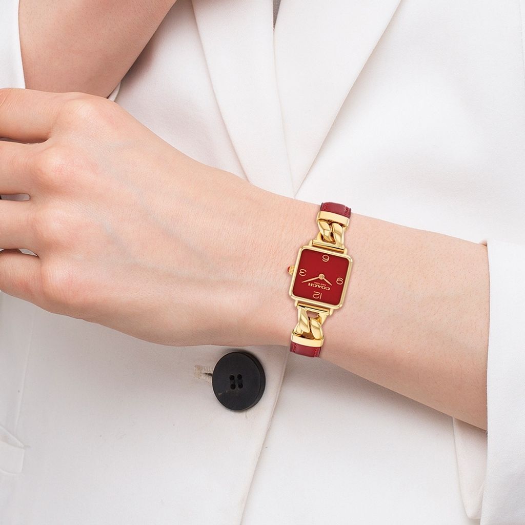 COACH | CO14504358 | 紅金色 奢華方形女錶 皮革錶帶 實戴展示