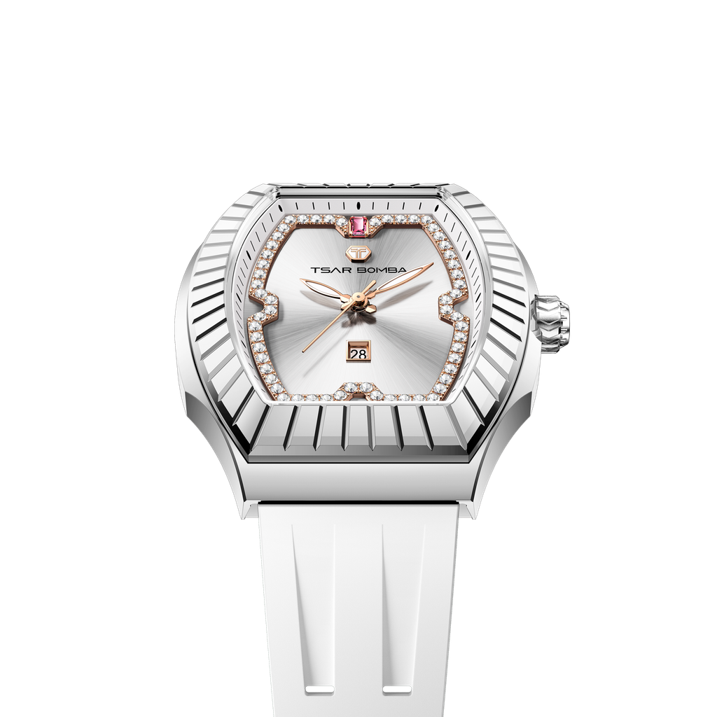 Tsar Bomba 機械公爵 | Nucleus Femme系列 TB8231L-01 | 2026新款 白色銀框 晶鑽質感女錶 石英錶 錶框細節