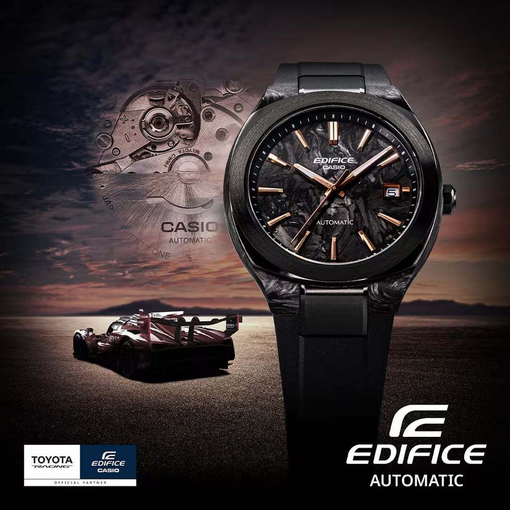 CASIO | EDIFICE系列 EFK-200XPB-1A | 2026 7月新品 黑色 玫瑰金指針 簡約競速機械錶 視覺圖