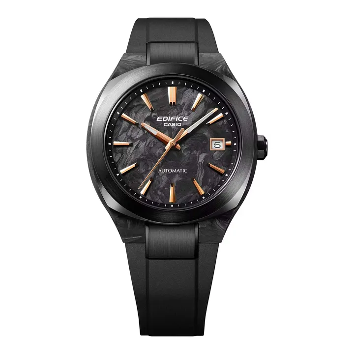 CASIO | EDIFICE系列 EFK-200XPB-1A | 2026 7月新品 黑色 玫瑰金指針 簡約競速機械錶 錶框細節