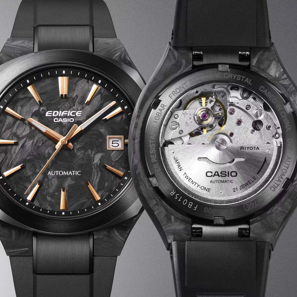 CASIO | EDIFICE系列 EFK-200XPB-1A | 2026 7月新品 黑色 玫瑰金指針 簡約競速機械錶 正背面細節