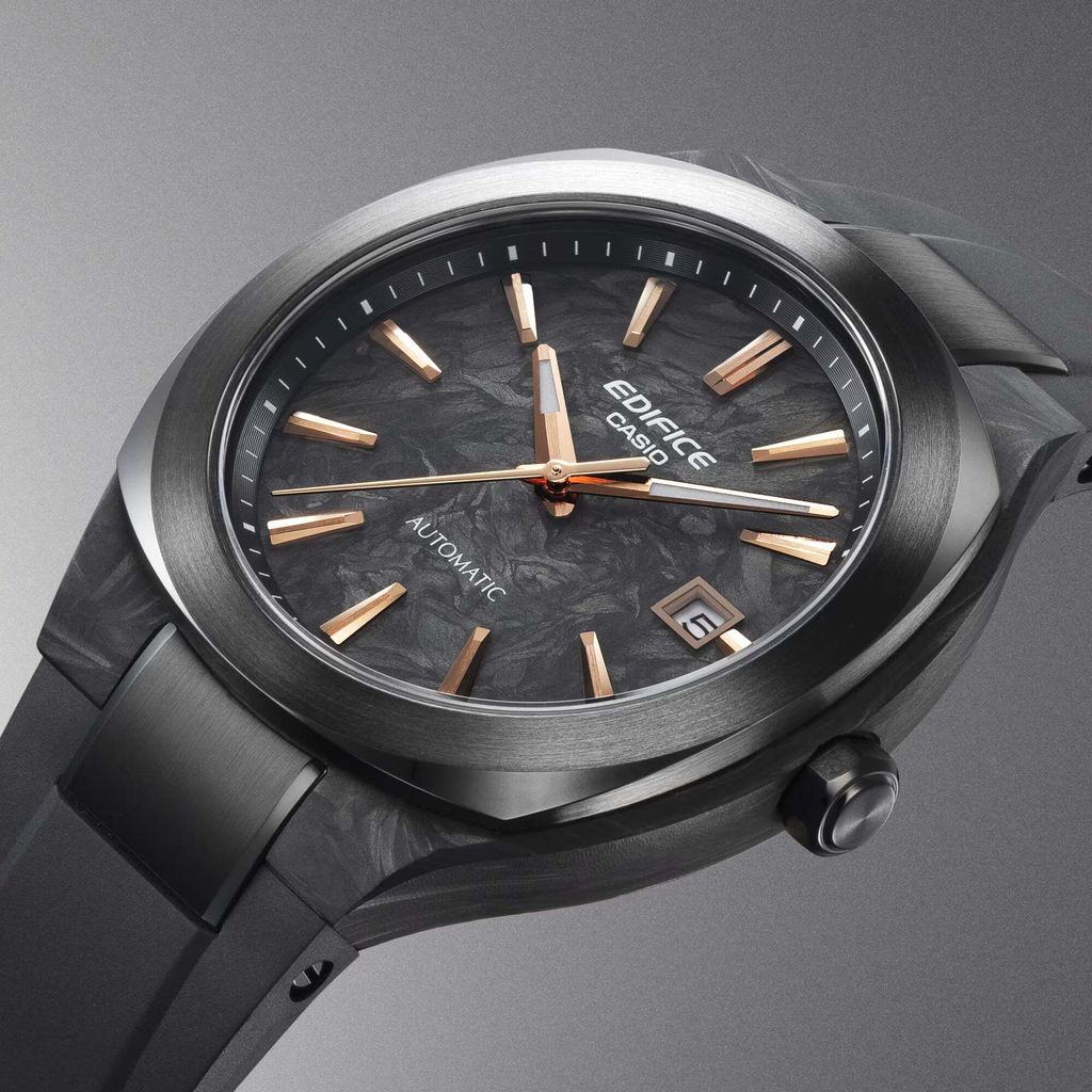 CASIO | EDIFICE系列 EFK-200XPB-1A | 2026 7月新品 黑色 玫瑰金指針 簡約競速機械錶 錶面細節