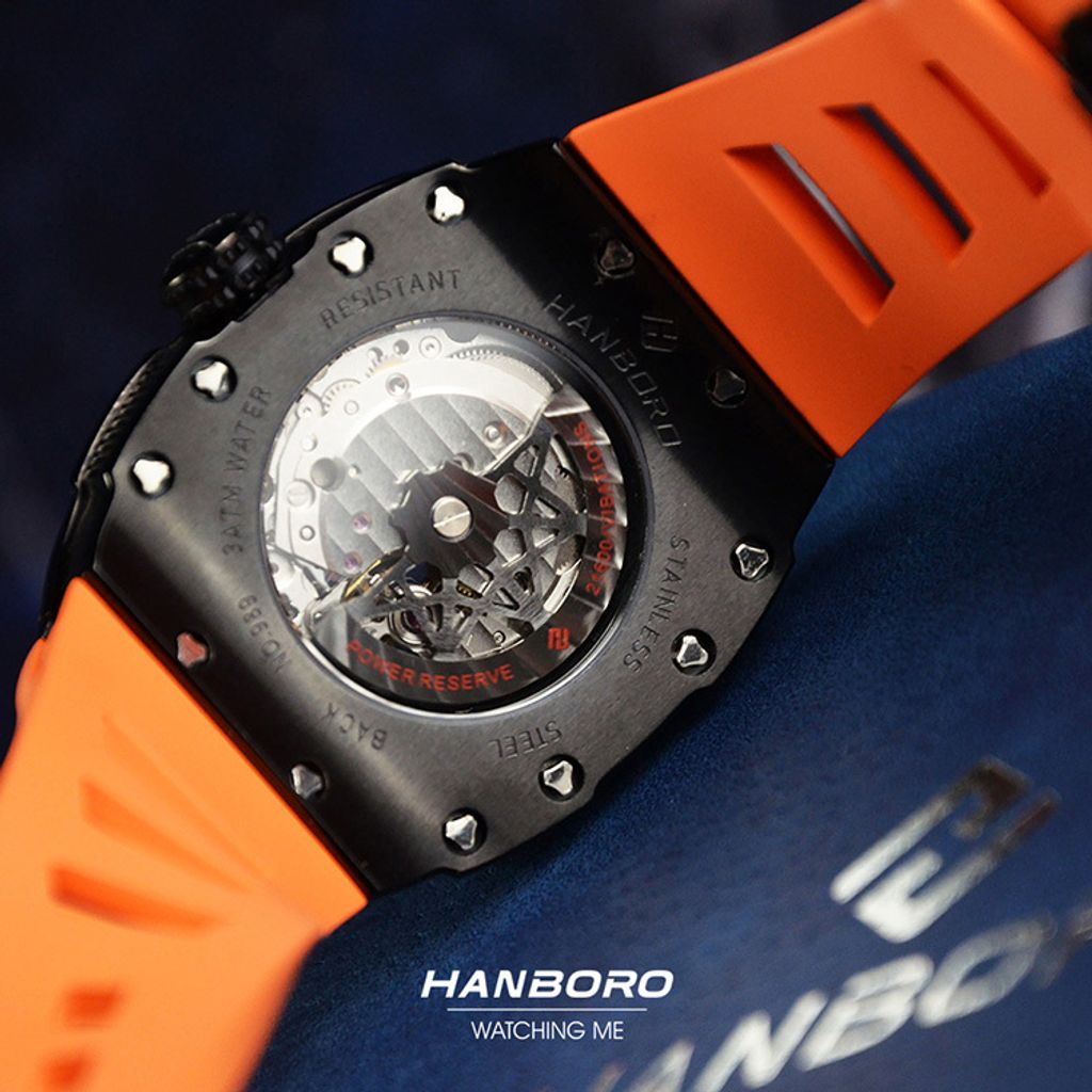 HANBORO | 991系列 991BBR |  黑色錶框 飛輪全自動 鏤空設計機械錶 橘色橡膠錶帶 背面細節
