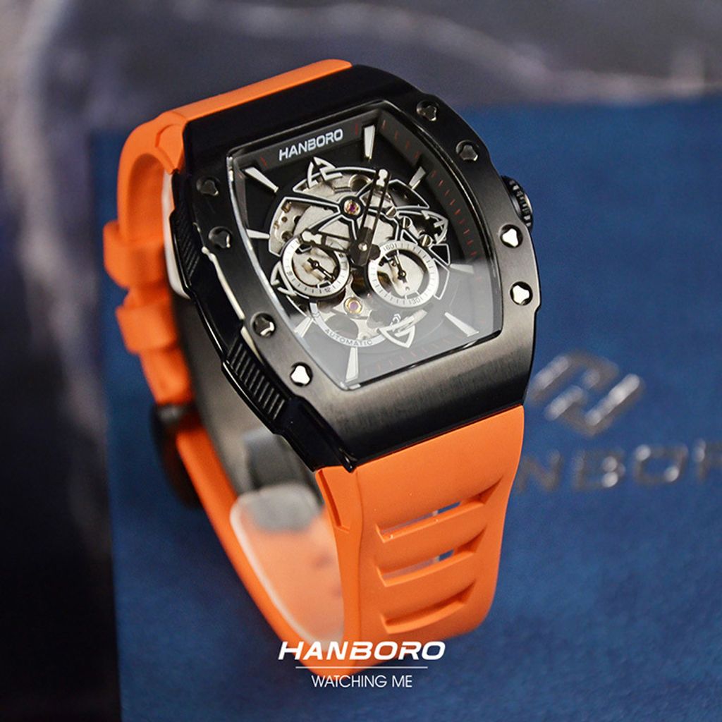 HANBORO | 991系列 991BBR |  黑色錶框 飛輪全自動 鏤空設計機械錶 橘色橡膠錶帶 正左側