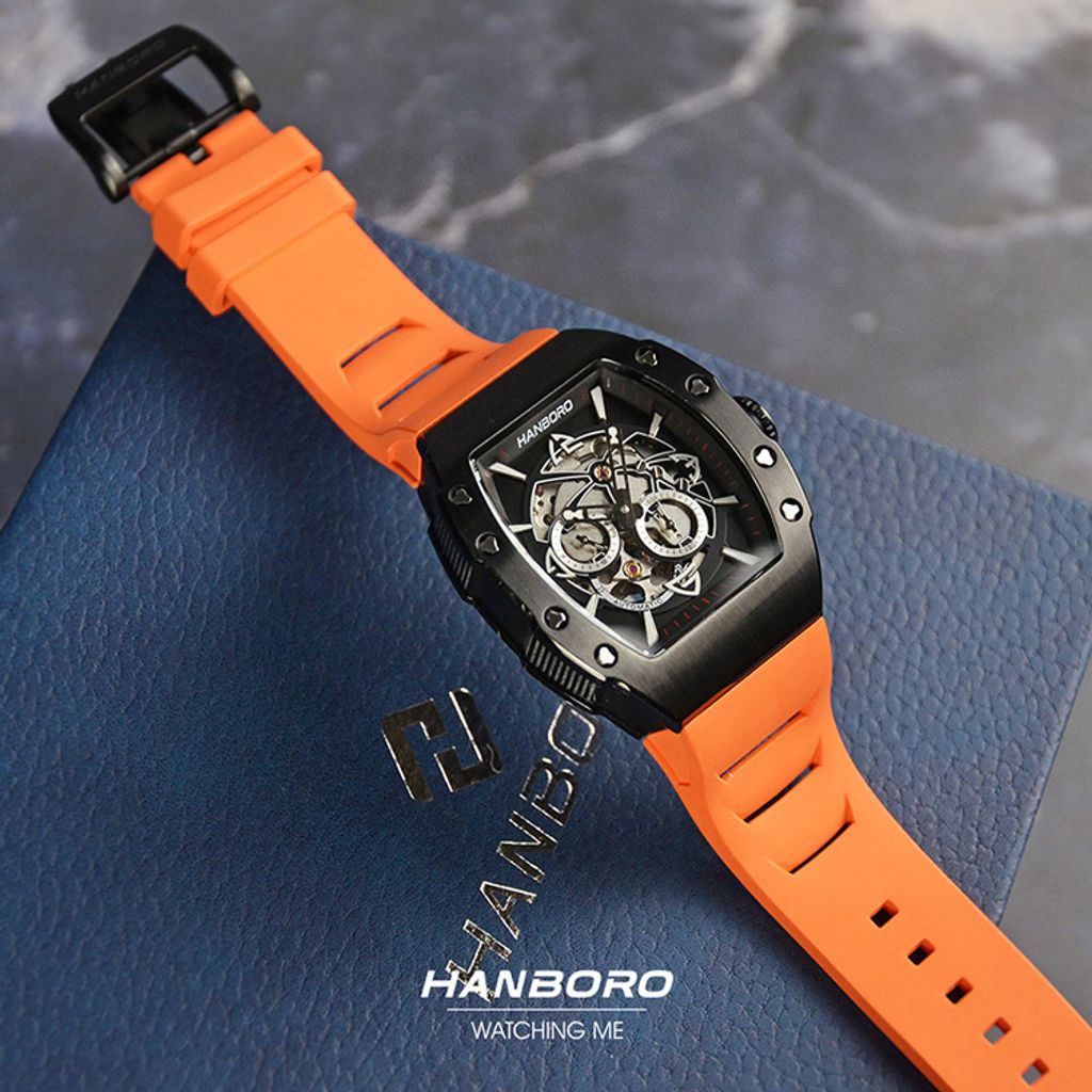 HANBORO | 991系列 991BBR |  黑色錶框 飛輪全自動 鏤空設計機械錶 橘色橡膠錶帶 錶帶展示