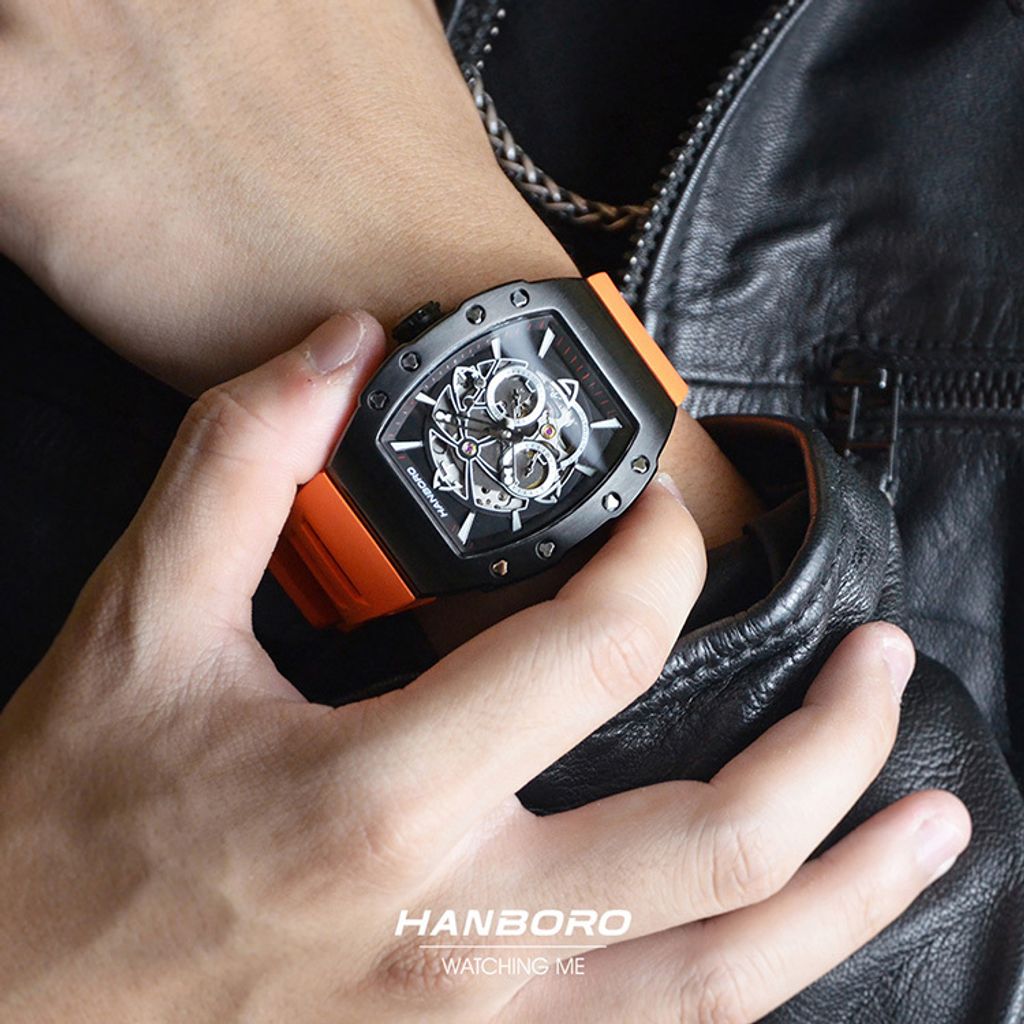 HANBORO | 991系列 991BBR |  黑色錶框 飛輪全自動 鏤空設計機械錶 橘色橡膠錶帶 實帶細節