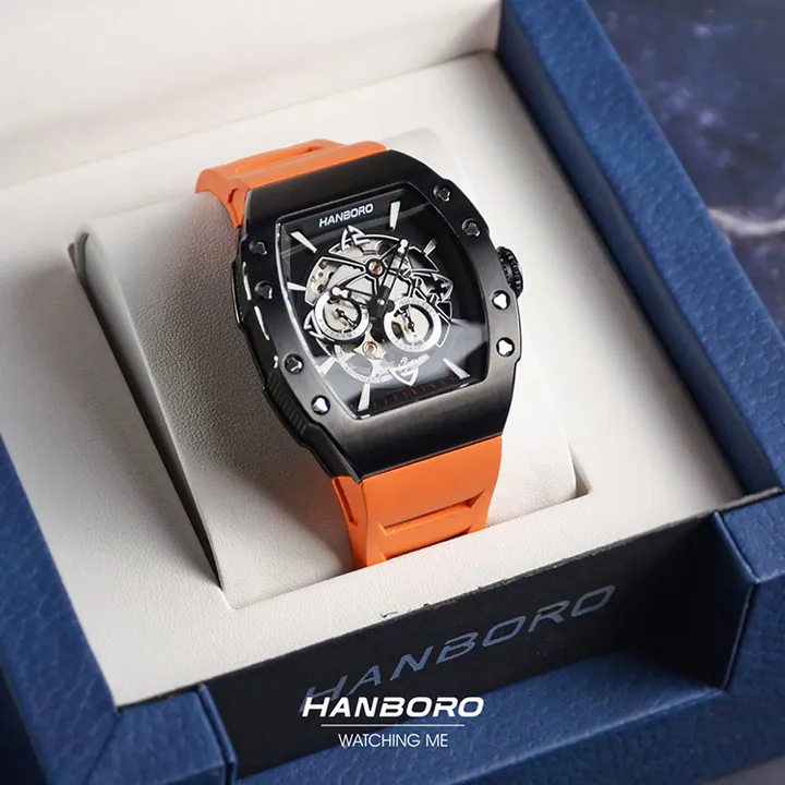 HANBORO | 991系列 991BBR |  黑色錶框 飛輪全自動 鏤空設計機械錶 橘色橡膠錶帶 盒裝正面